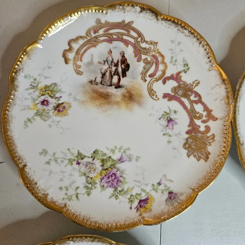 Antique Limoges France AK CD Courting Scene Gold Gilt Scalloped Rim Plates 8.5
